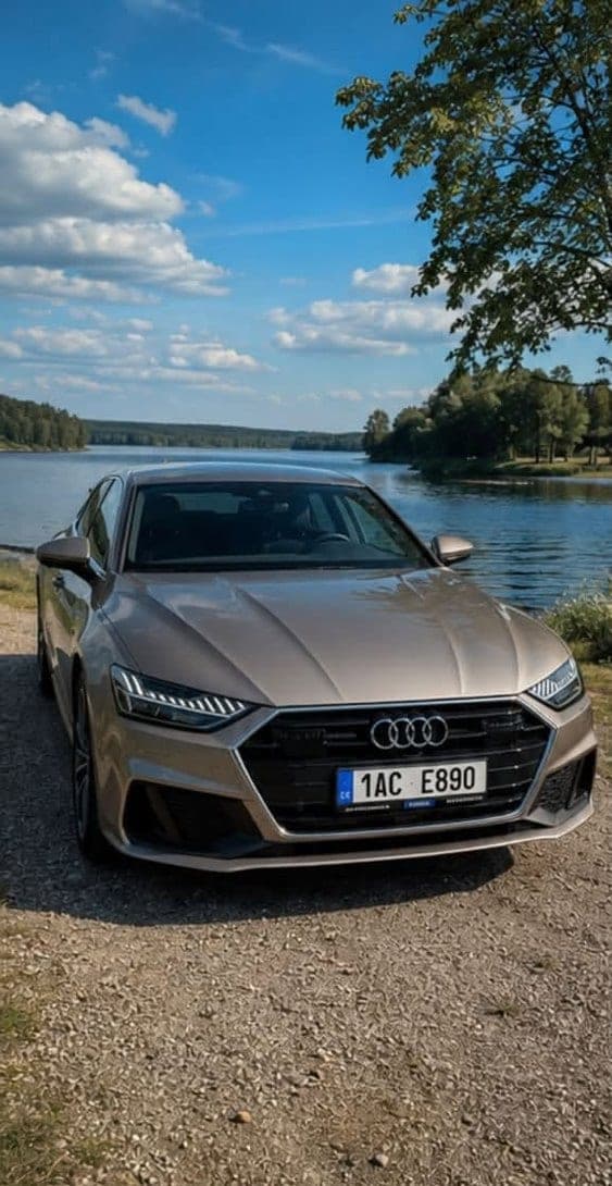 Audi A7 Sportback ve stříbrné barvě zepředu u přehrady